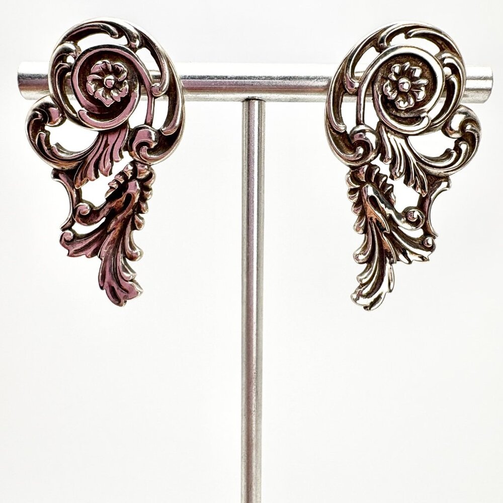Intricate Floral Scroll Stud Earrings VTG Sterling Silver 925 Size 1.5" Length
